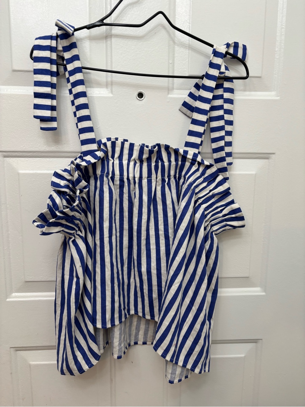 Eloquii Navy and White Striped Tie-Shoulder Ruffle Tank